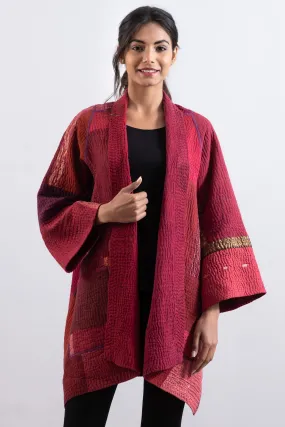 COTTON SILK SW PATCH KANTHA A-LINE JKT - ws4003-red -