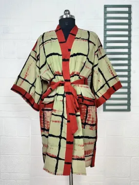 Recycled Pure Cotton Vintage Kimono Open Jacket Boho Summer TieDye House Robe, Beach Coverup | Green Red Geometric Style Print