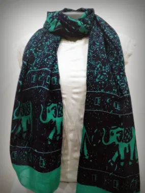 100% Organic Cotton Scarf Shawl From Thailand Elephant Mandala Green