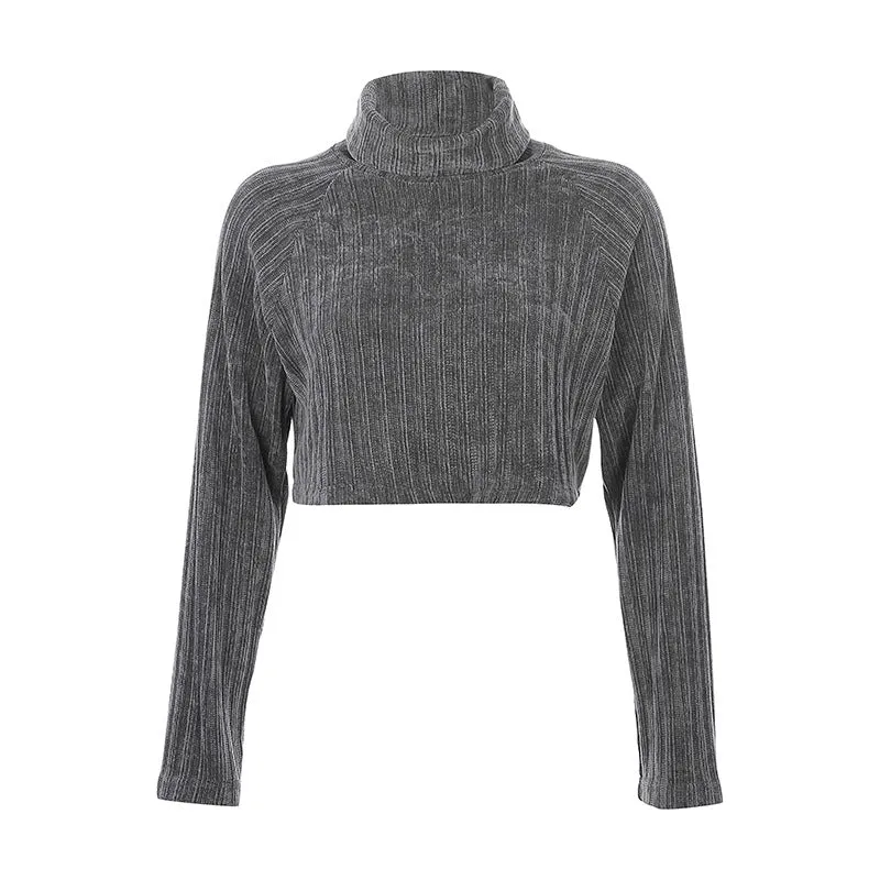 2021 women loose fit crop top casual turtle neck boxy knitwear velvet top sweater sweatshirt