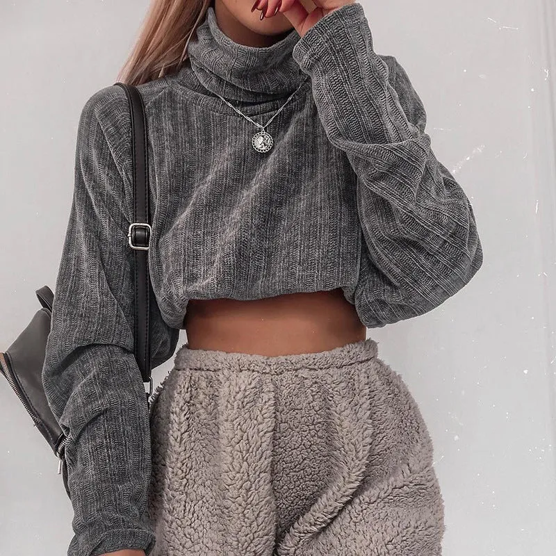 2021 women loose fit crop top casual turtle neck boxy knitwear velvet top sweater sweatshirt