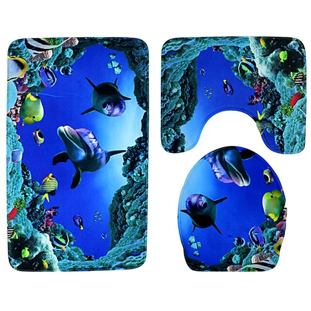 3pcs/set Cute Animal Pattern Bath Mat Bathroom Carpet Ocean Underwater World Anti Slip Pedestal Rug Lid Toilet Cover