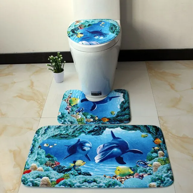 3pcs/set Cute Animal Pattern Bath Mat Bathroom Carpet Ocean Underwater World Anti Slip Pedestal Rug Lid Toilet Cover