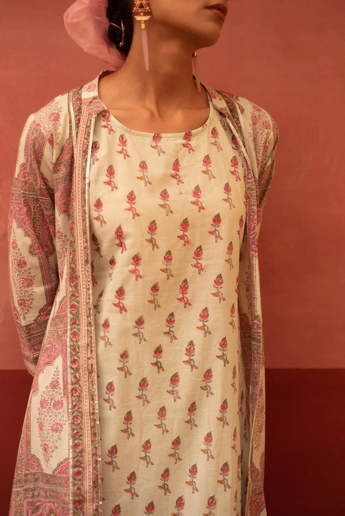 Aadhriti White and Pink Cotton Angrakha Jacket Kurta Set