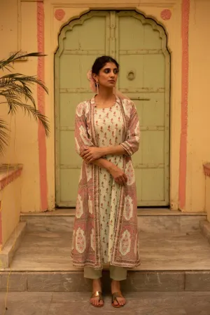 Aadhriti White and Pink Cotton Angrakha Jacket Kurta Set