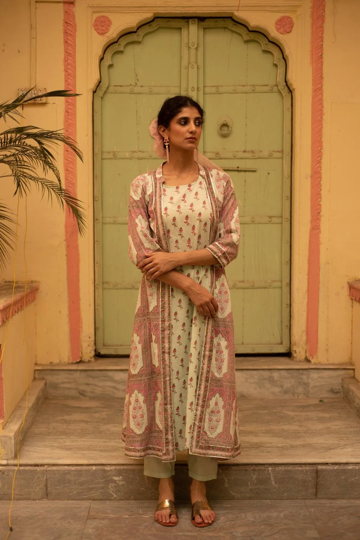 Aadhriti White and Pink Cotton Angrakha Jacket Kurta Set