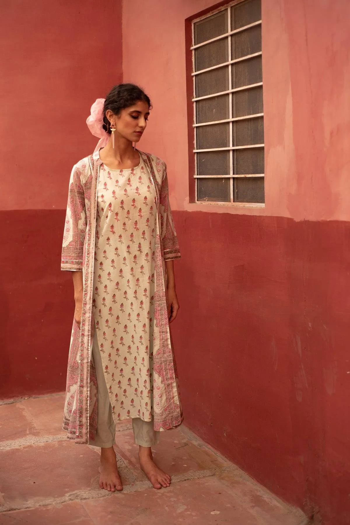 Aadhriti White and Pink Cotton Angrakha Jacket Kurta Set