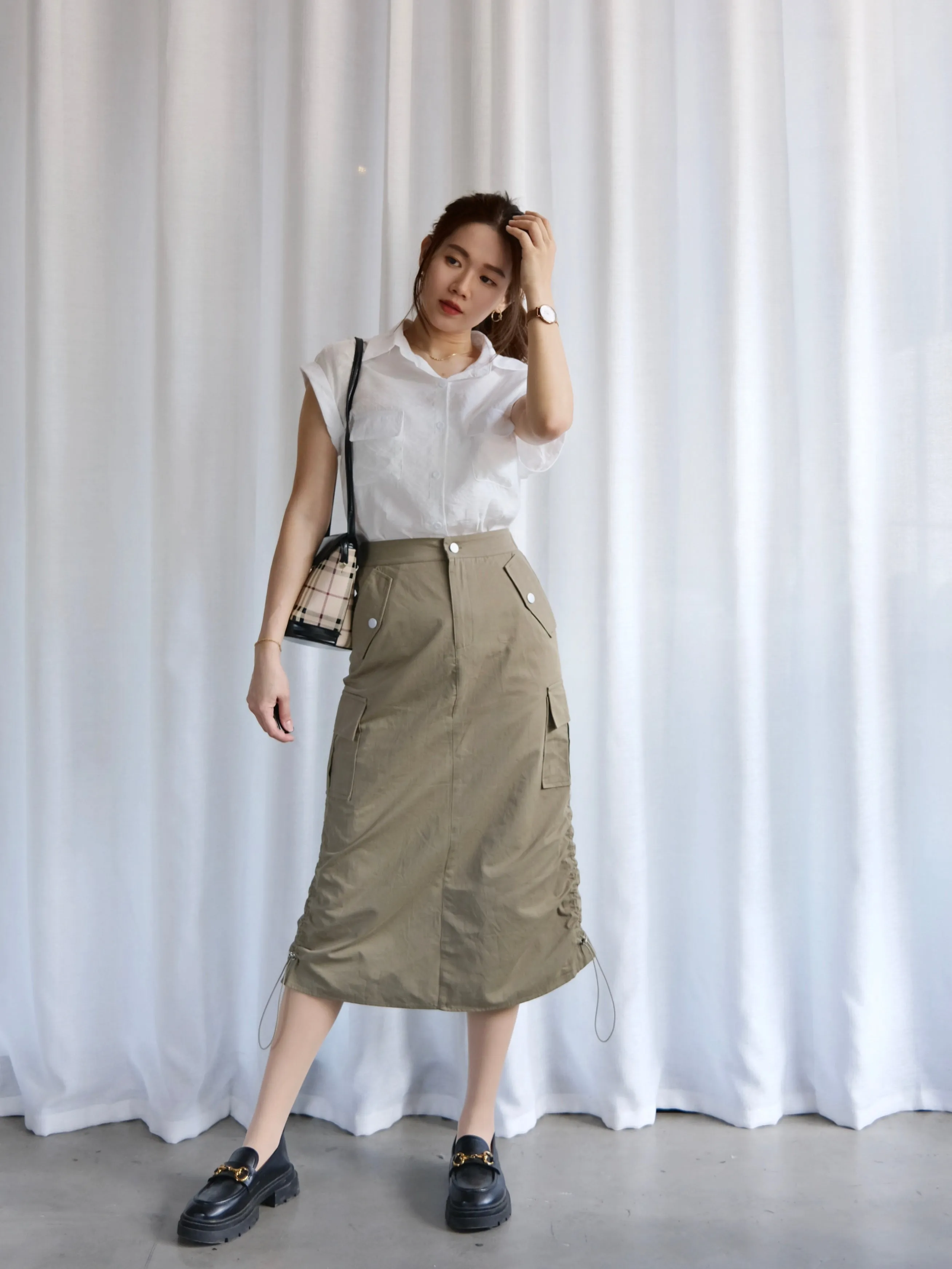 ACEWIN Side Drawstring Cargo Midi Pencil Skirt (Size S-M) 601298