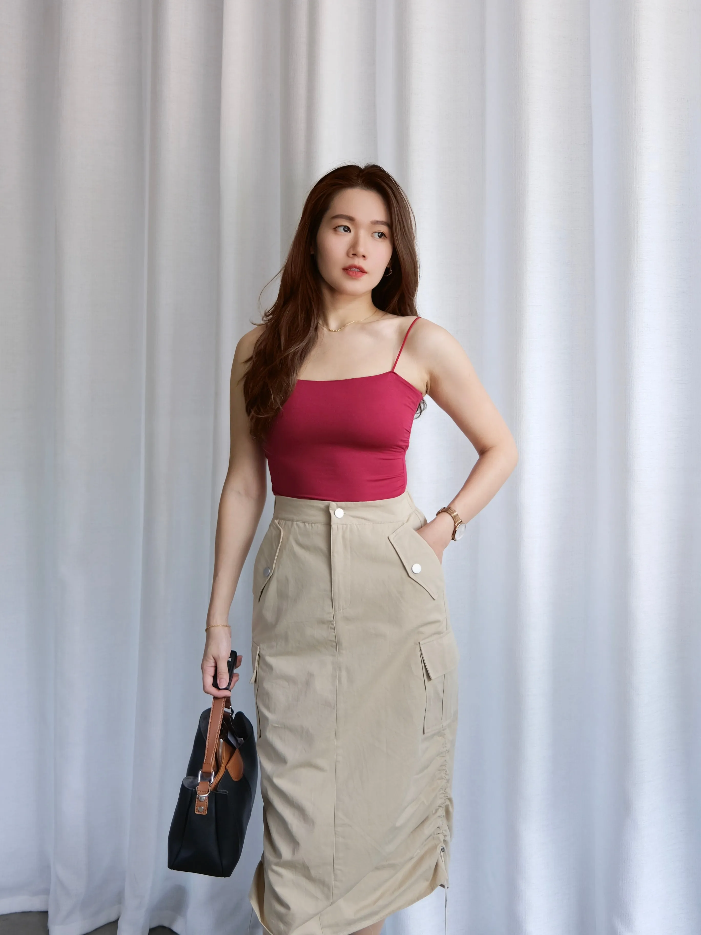 ACEWIN Side Drawstring Cargo Midi Pencil Skirt (Size S-M) 601298