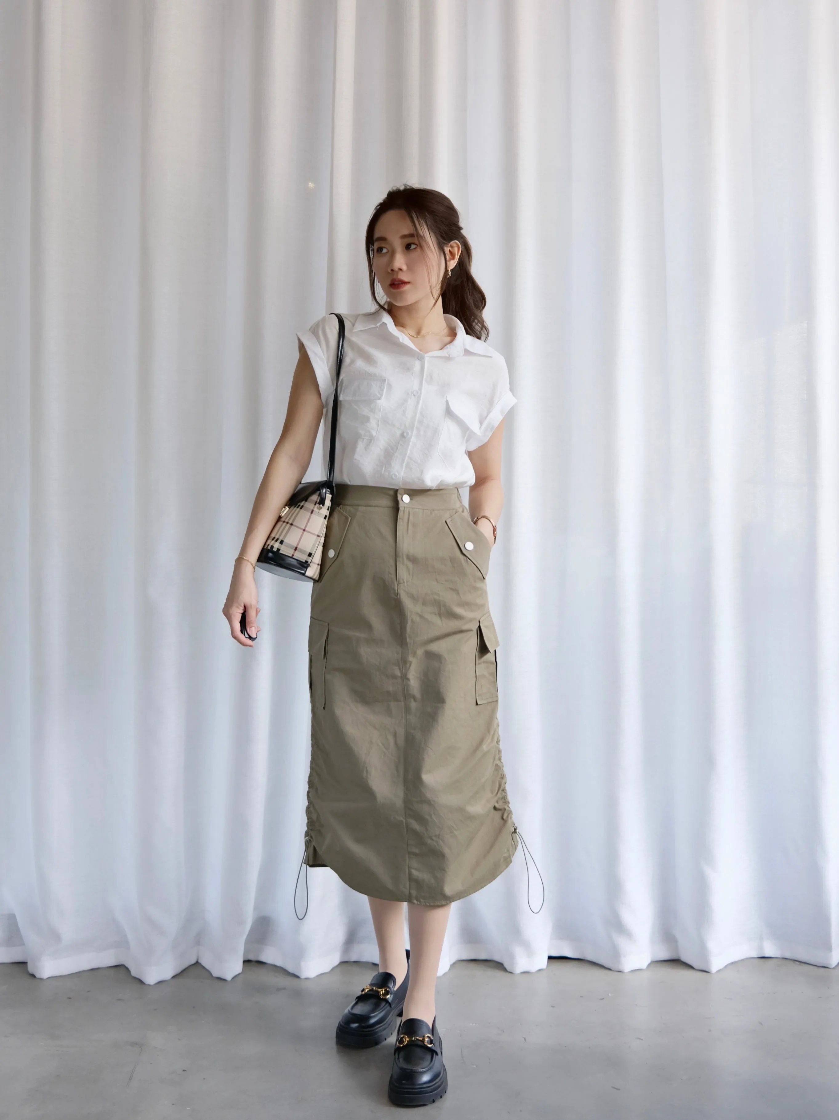 ACEWIN Side Drawstring Cargo Midi Pencil Skirt (Size S-M) 601298