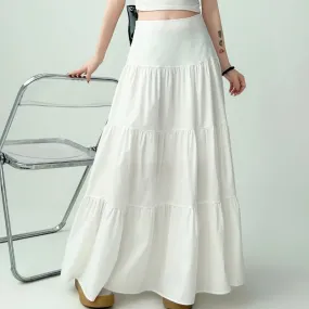 Advbridge White Elegant Women Long Skirt Ruffle Sweet Fashion Casual Basic Skirts Summer Solid Slim Up A-line Patchwork Skirt