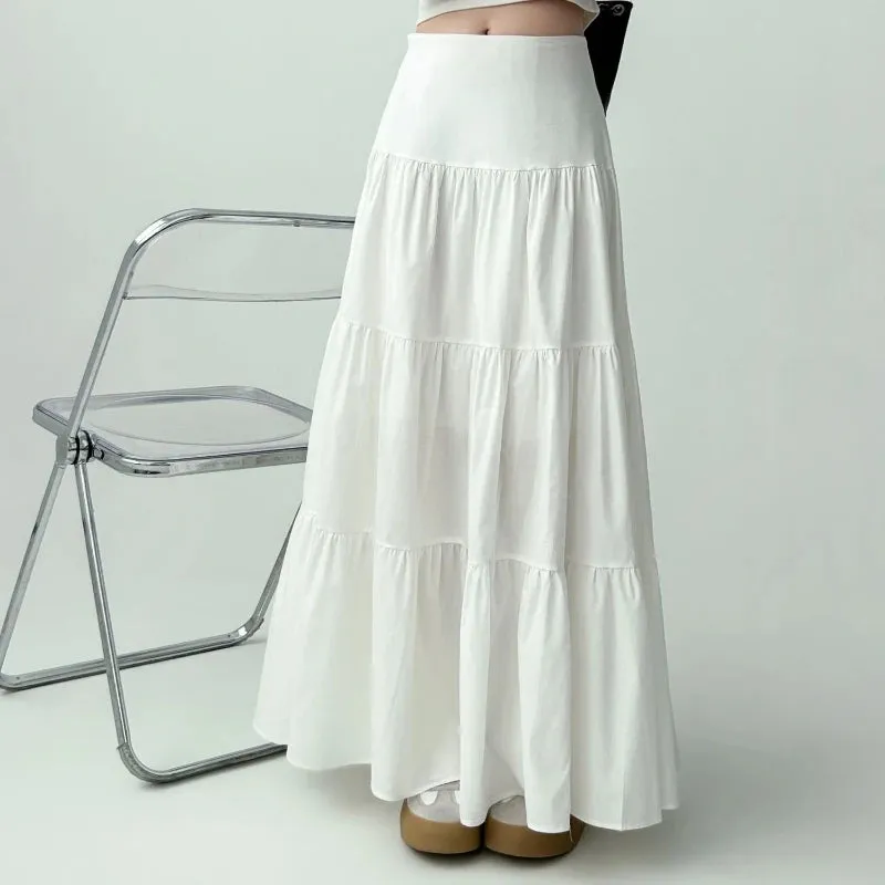 Advbridge White Elegant Women Long Skirt Ruffle Sweet Fashion Casual Basic Skirts Summer Solid Slim Up A-line Patchwork Skirt