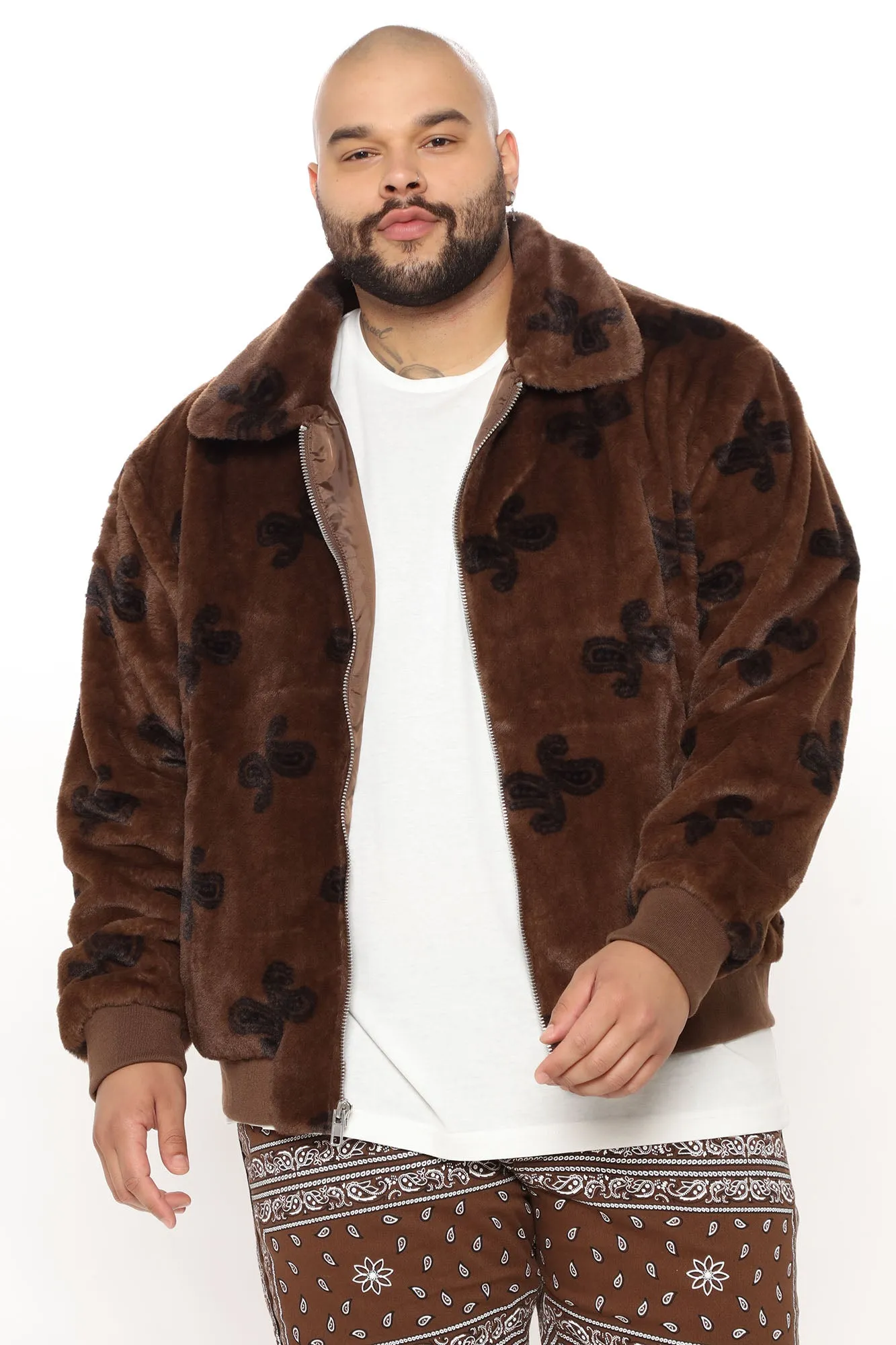 All Over Paisley Faux Fur Bomber Jacket - Brown