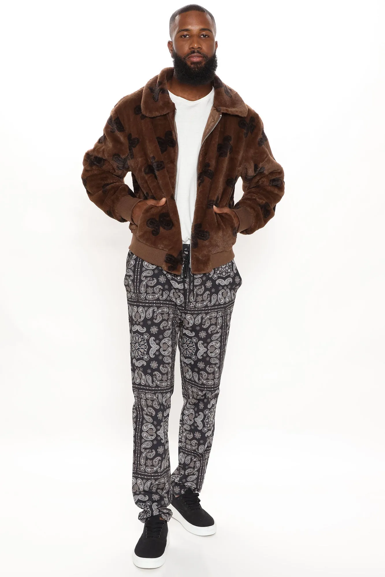 All Over Paisley Faux Fur Bomber Jacket - Brown