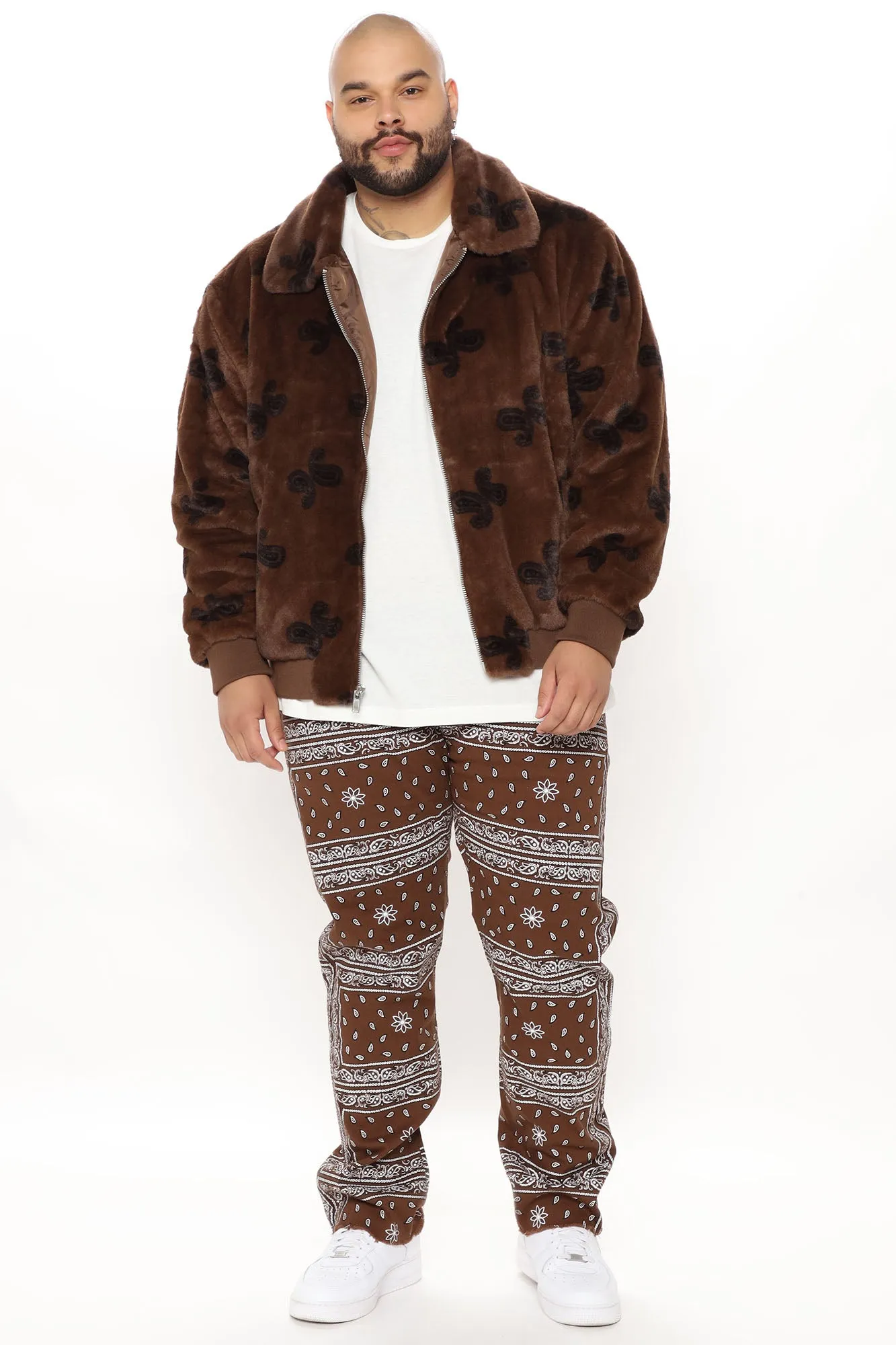 All Over Paisley Faux Fur Bomber Jacket - Brown