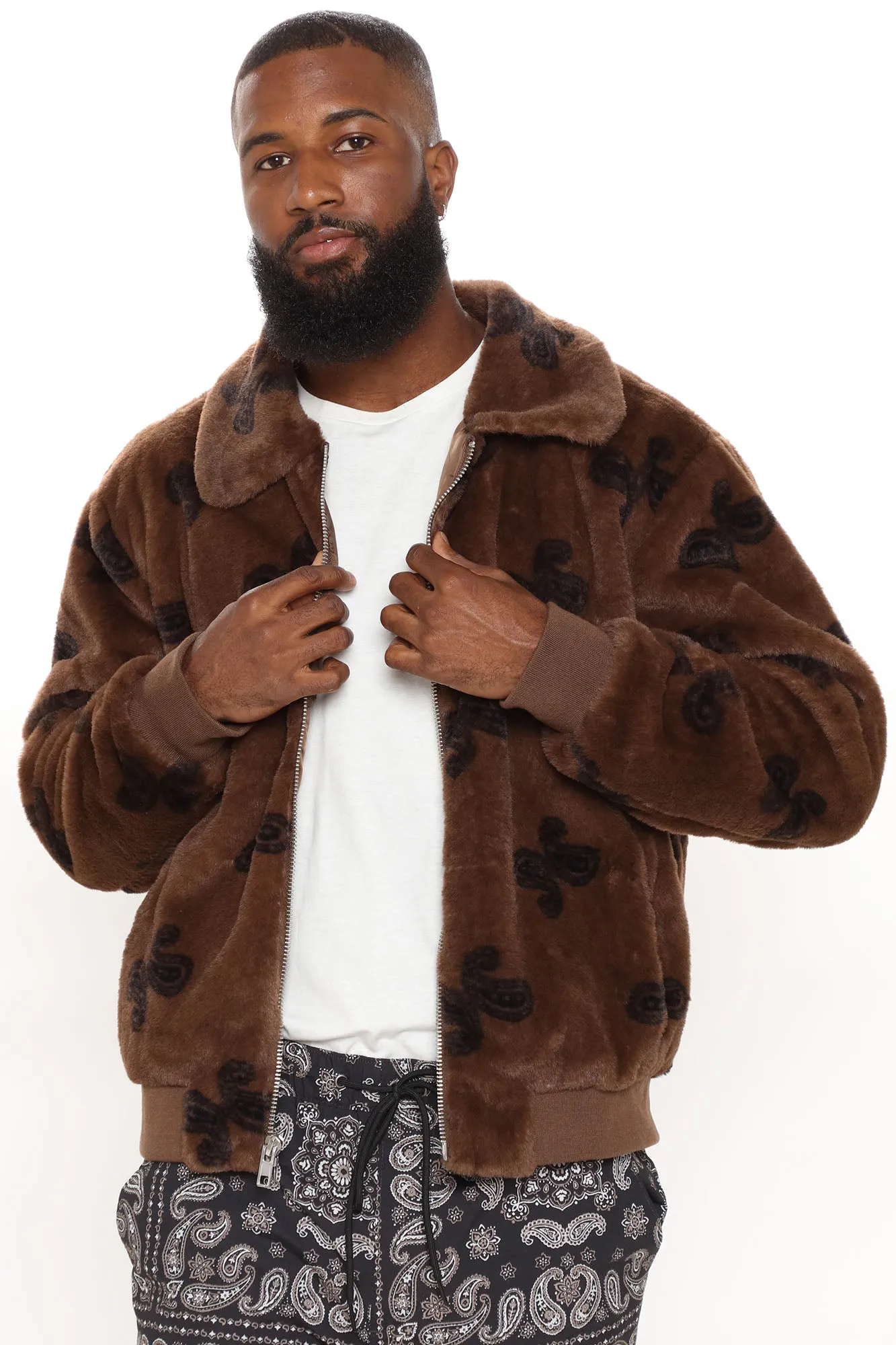 All Over Paisley Faux Fur Bomber Jacket - Brown