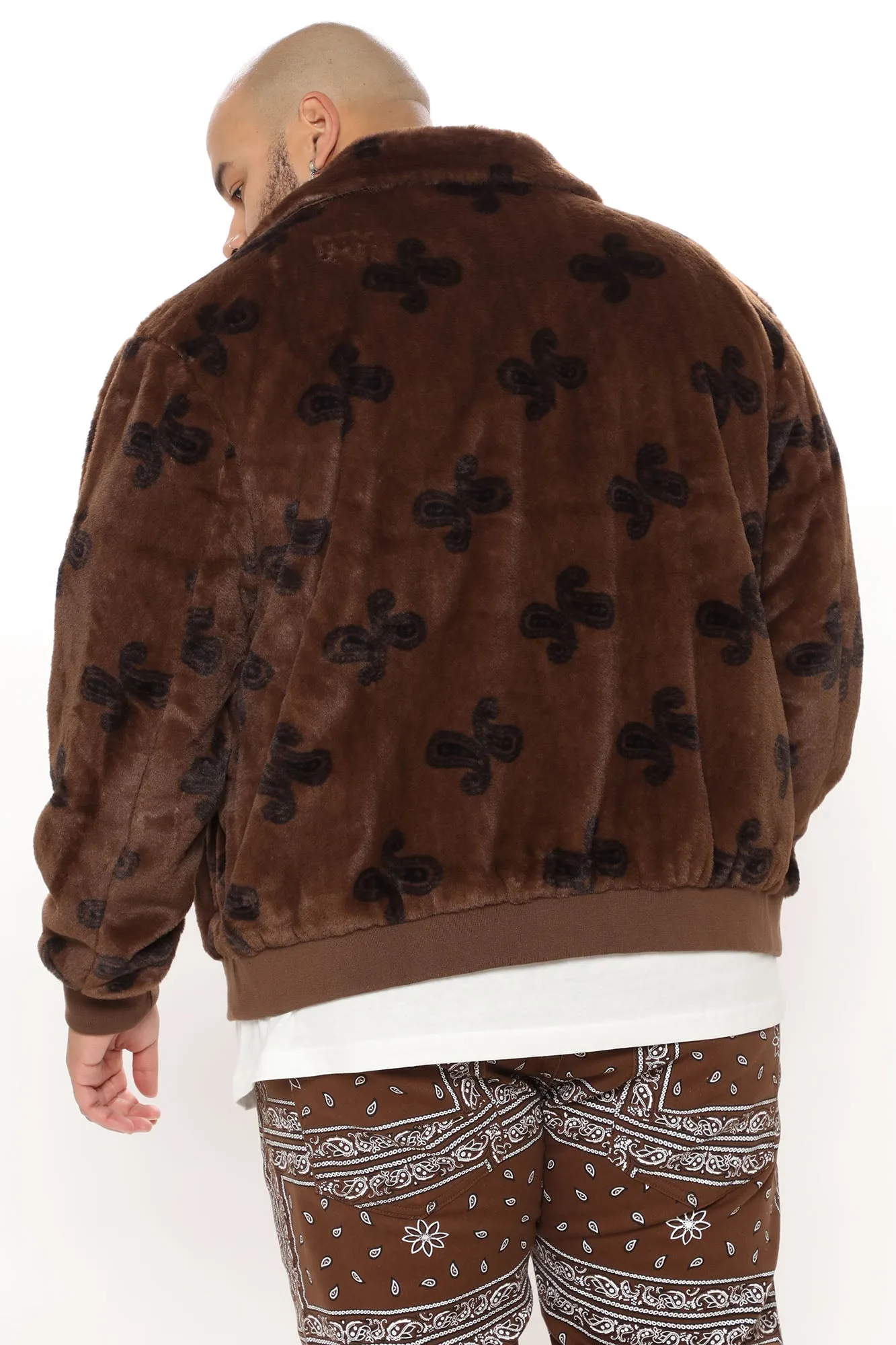 All Over Paisley Faux Fur Bomber Jacket - Brown