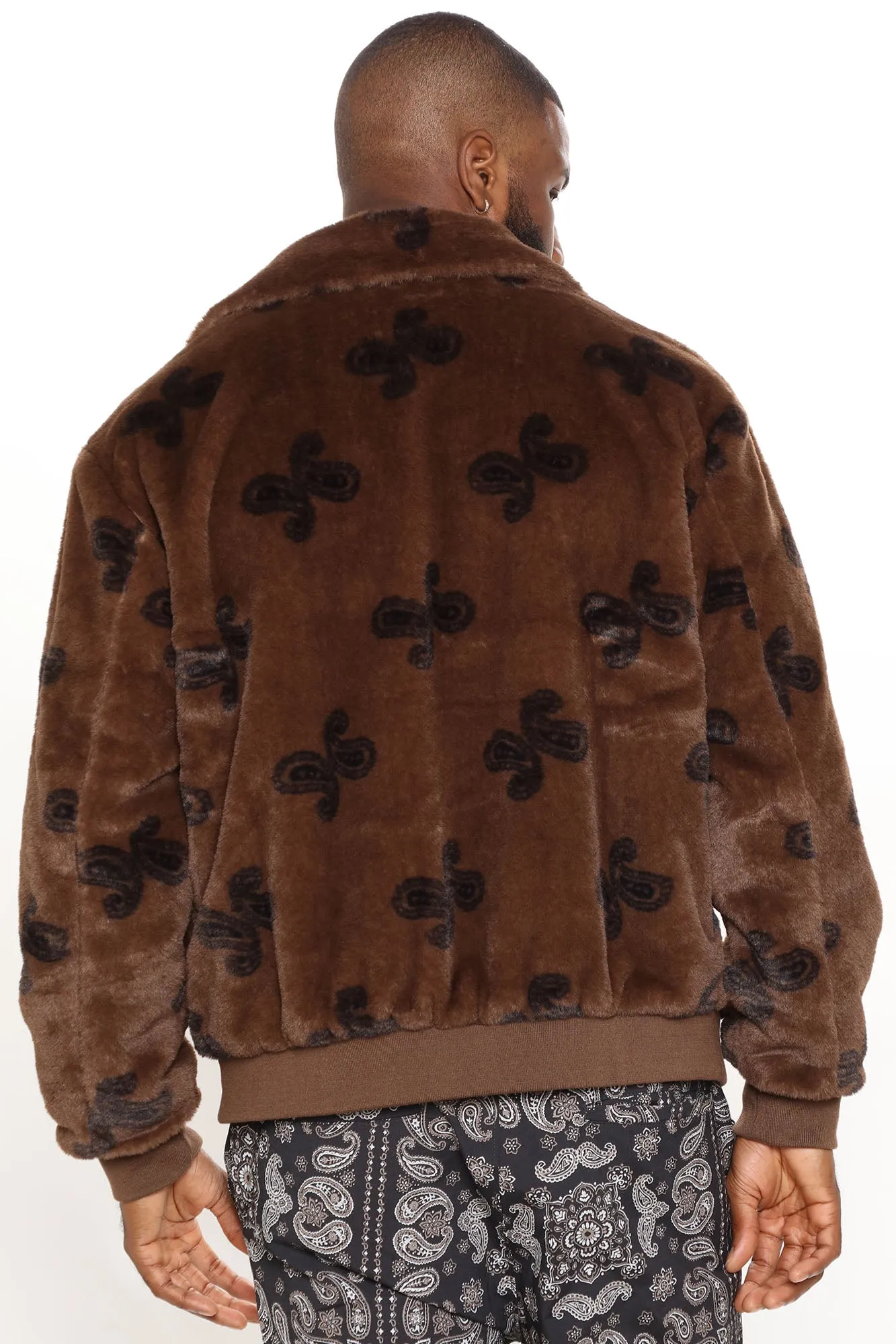 All Over Paisley Faux Fur Bomber Jacket - Brown