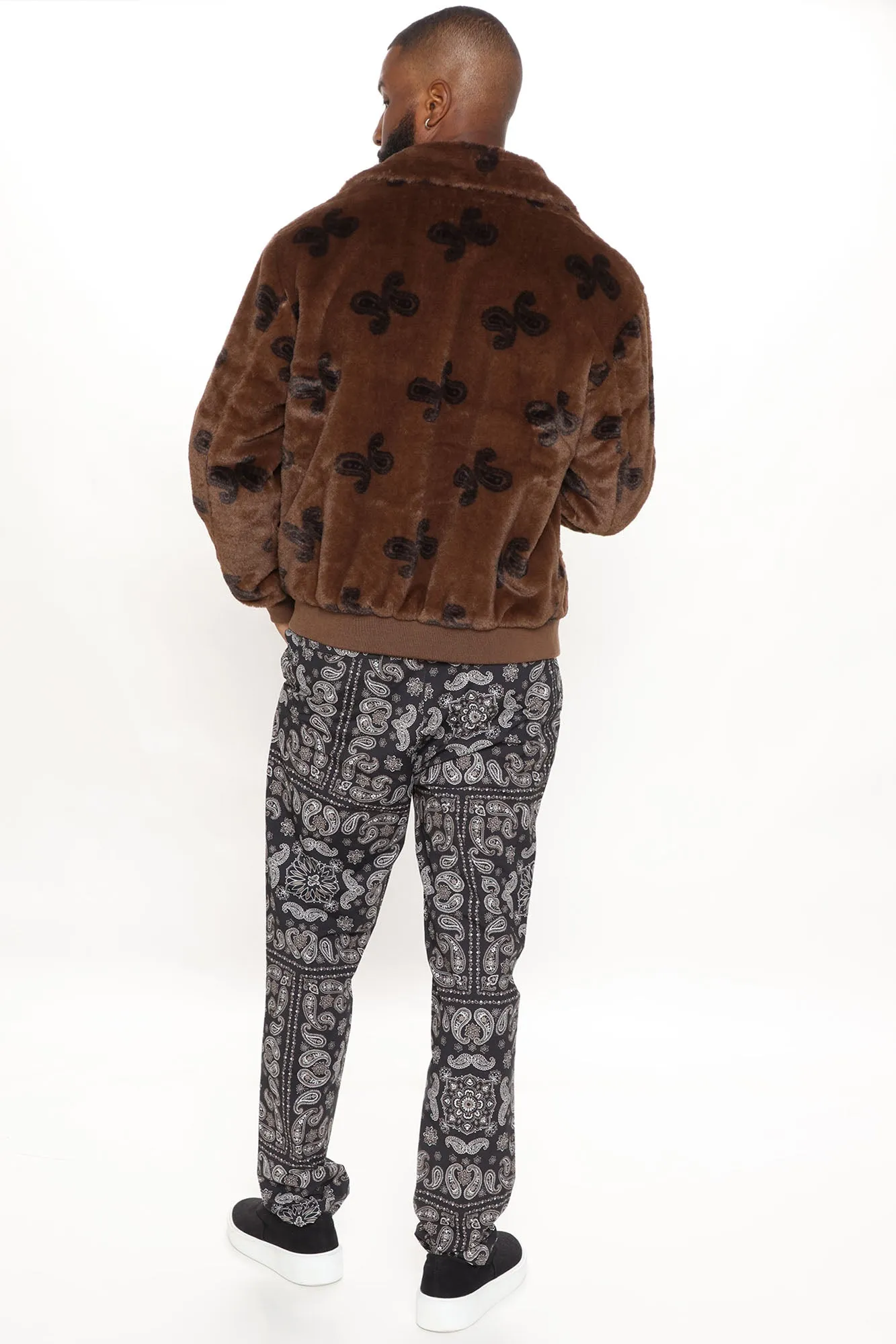 All Over Paisley Faux Fur Bomber Jacket - Brown