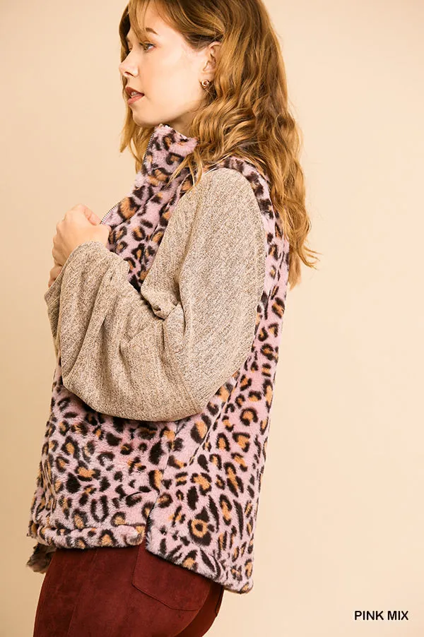 Animal Print Sleeveless Fuzzy Zip Front Vest with Pockets