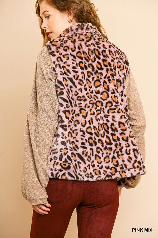 Animal Print Sleeveless Fuzzy Zip Front Vest with Pockets