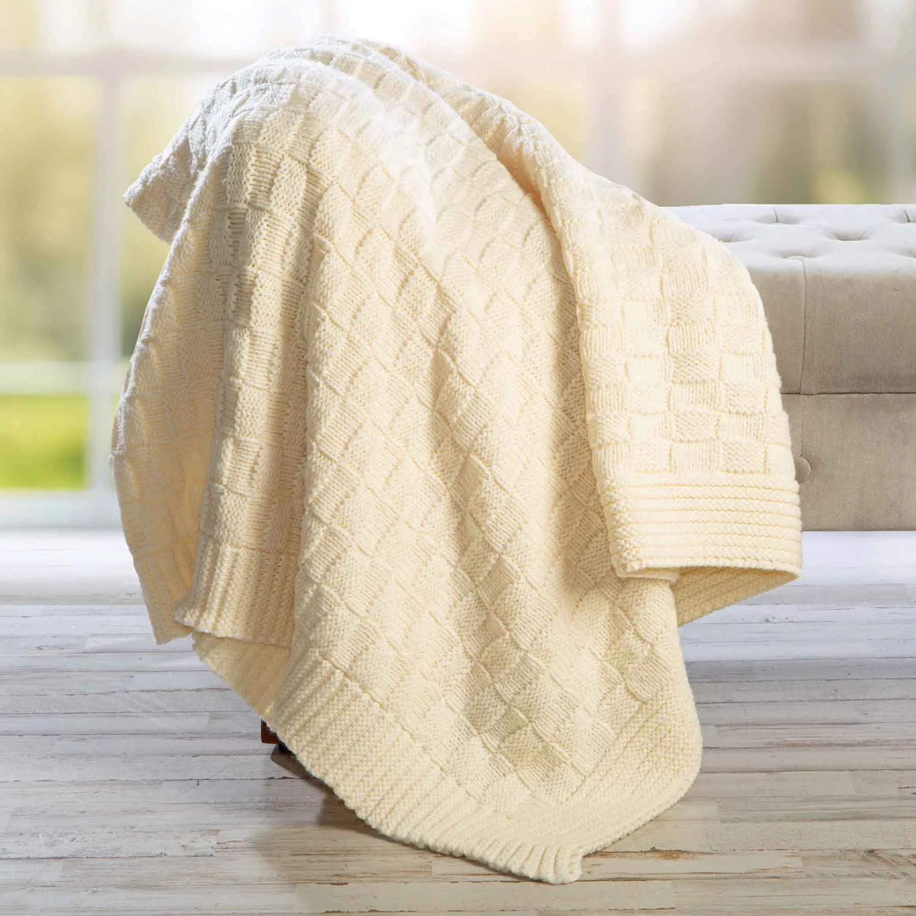 Aran Checkered Throw Blanket- Natural