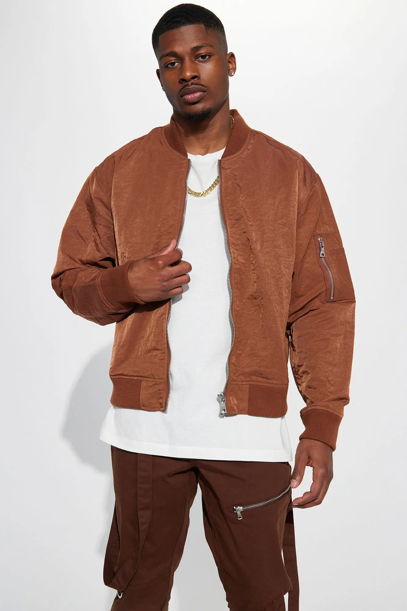 As It Was Nylon Military Bomber Jacket - Brown