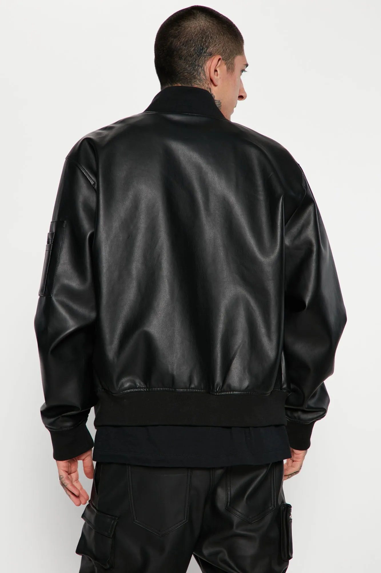 Ashton Faux Leather Zip Bomber Jacket - Black