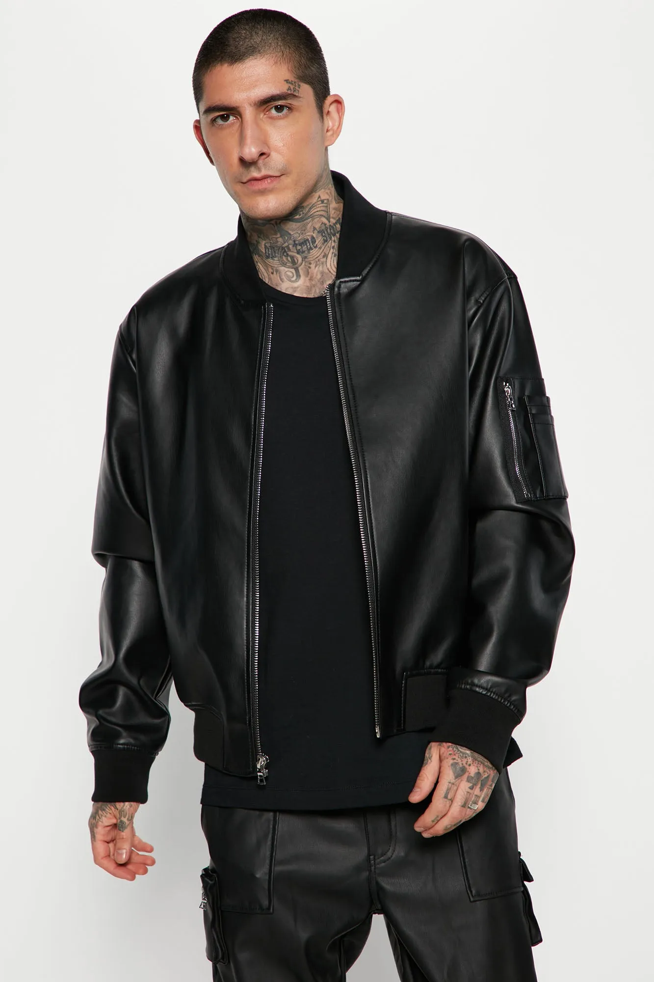 Ashton Faux Leather Zip Bomber Jacket - Black