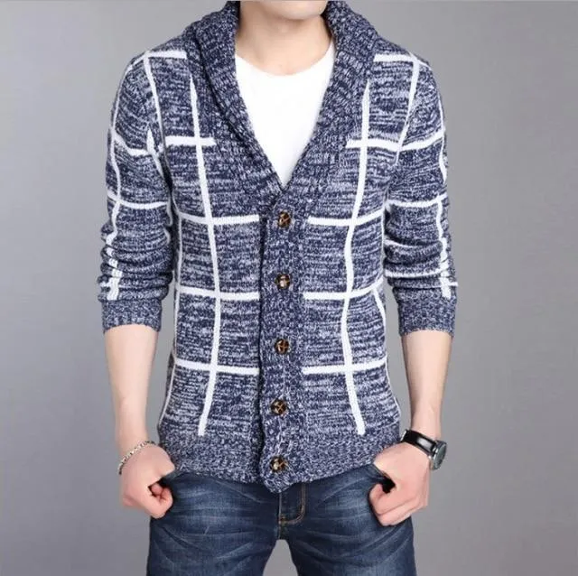 Autumn And Winter Korean-style New Style Men's Sweater Fashion Slim Fit Plaid Long-Sleeve Fold-down Collar Men's Knit Cardi