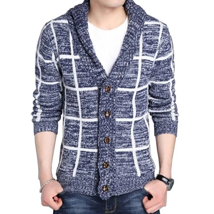 Autumn And Winter Korean-style New Style Men's Sweater Fashion Slim Fit Plaid Long-Sleeve Fold-down Collar Men's Knit Cardi