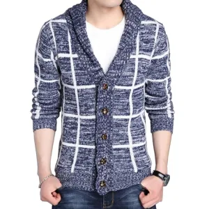 Autumn And Winter Korean-style New Style Men's Sweater Fashion Slim Fit Plaid Long-Sleeve Fold-down Collar Men's Knit Cardi