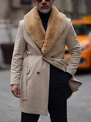 Beige Belt Eco Fur Long Coat