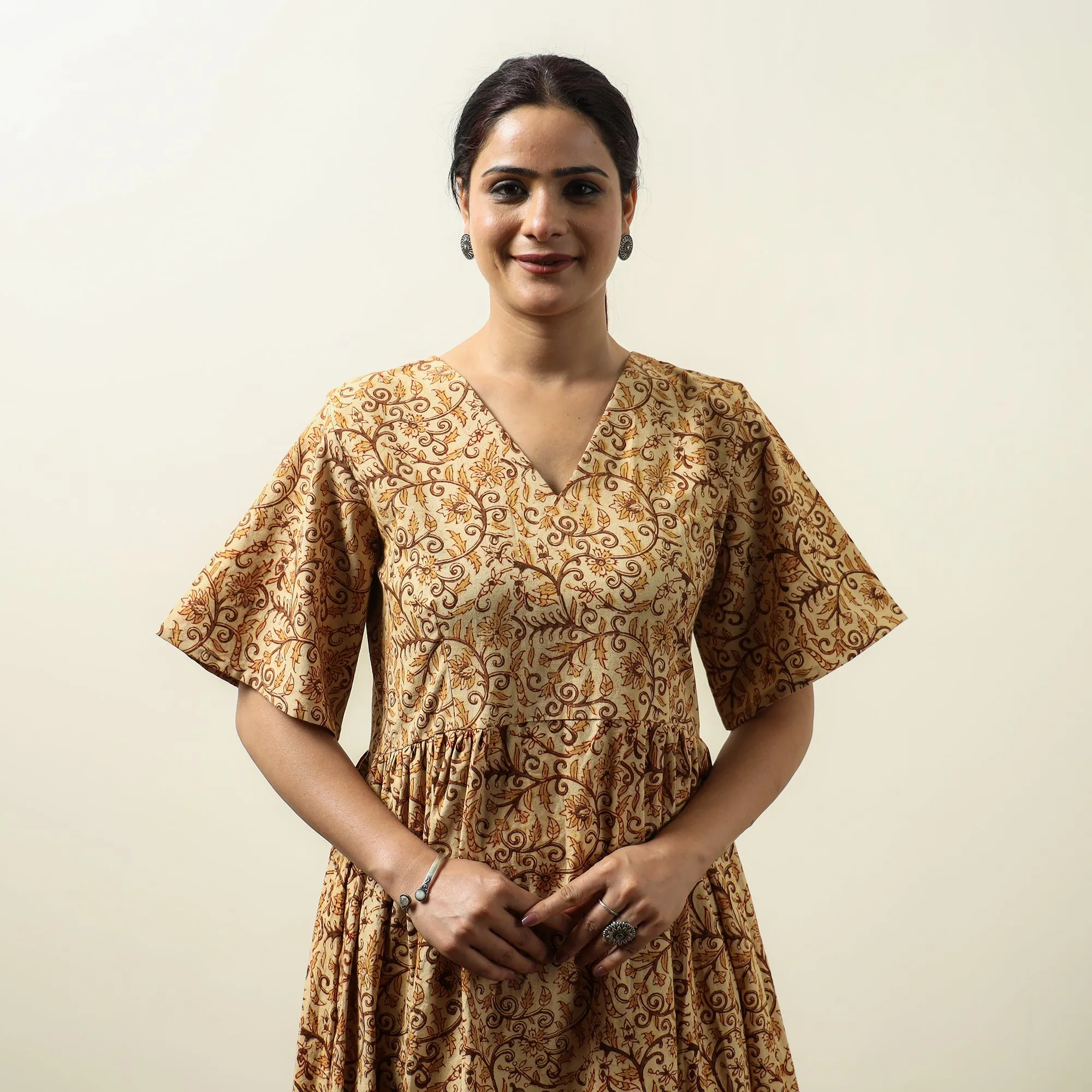 Beige - Kalamkari Block Printed Cotton Flared Gher Dress 06