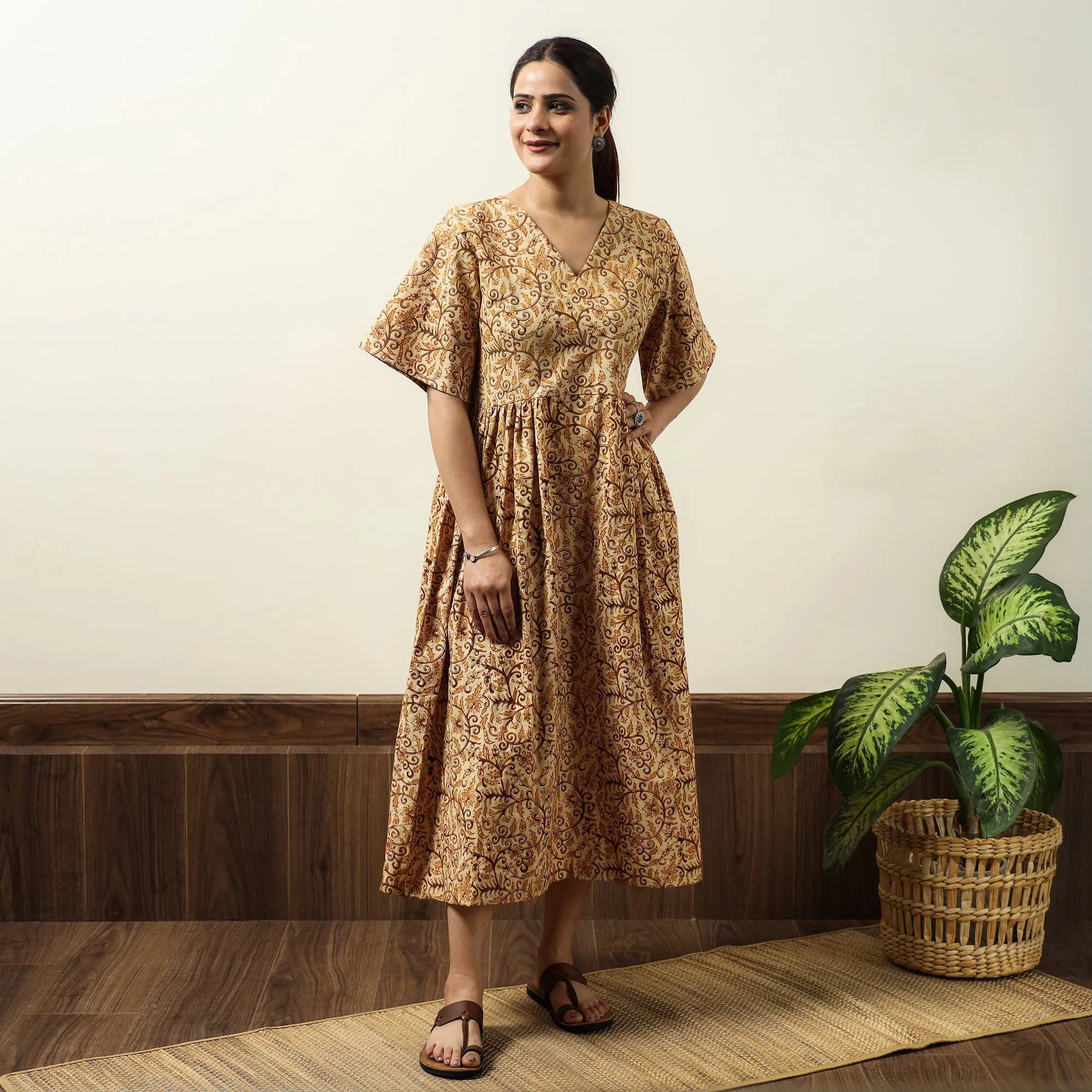 Beige - Kalamkari Block Printed Cotton Flared Gher Dress 06