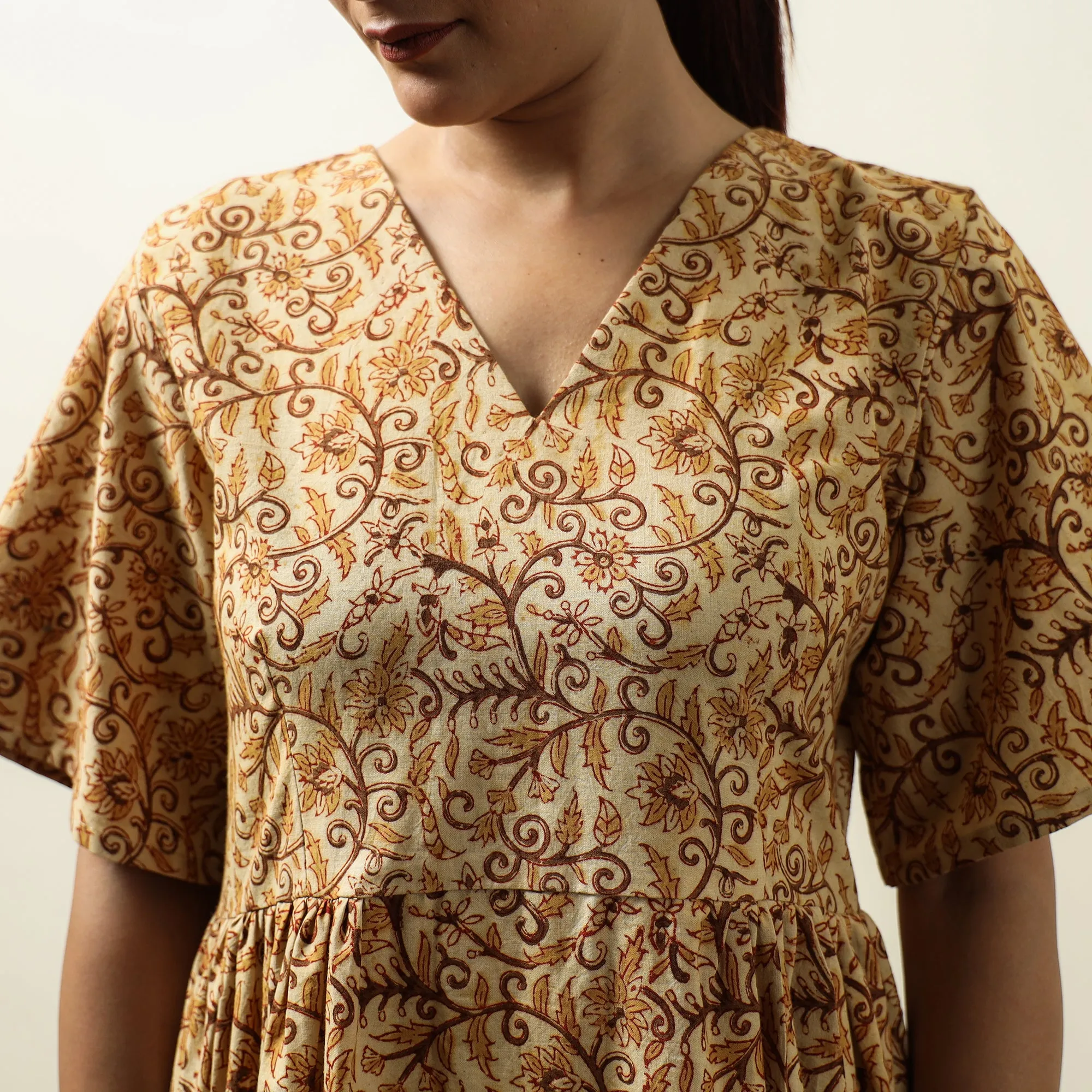 Beige - Kalamkari Block Printed Cotton Flared Gher Dress 06