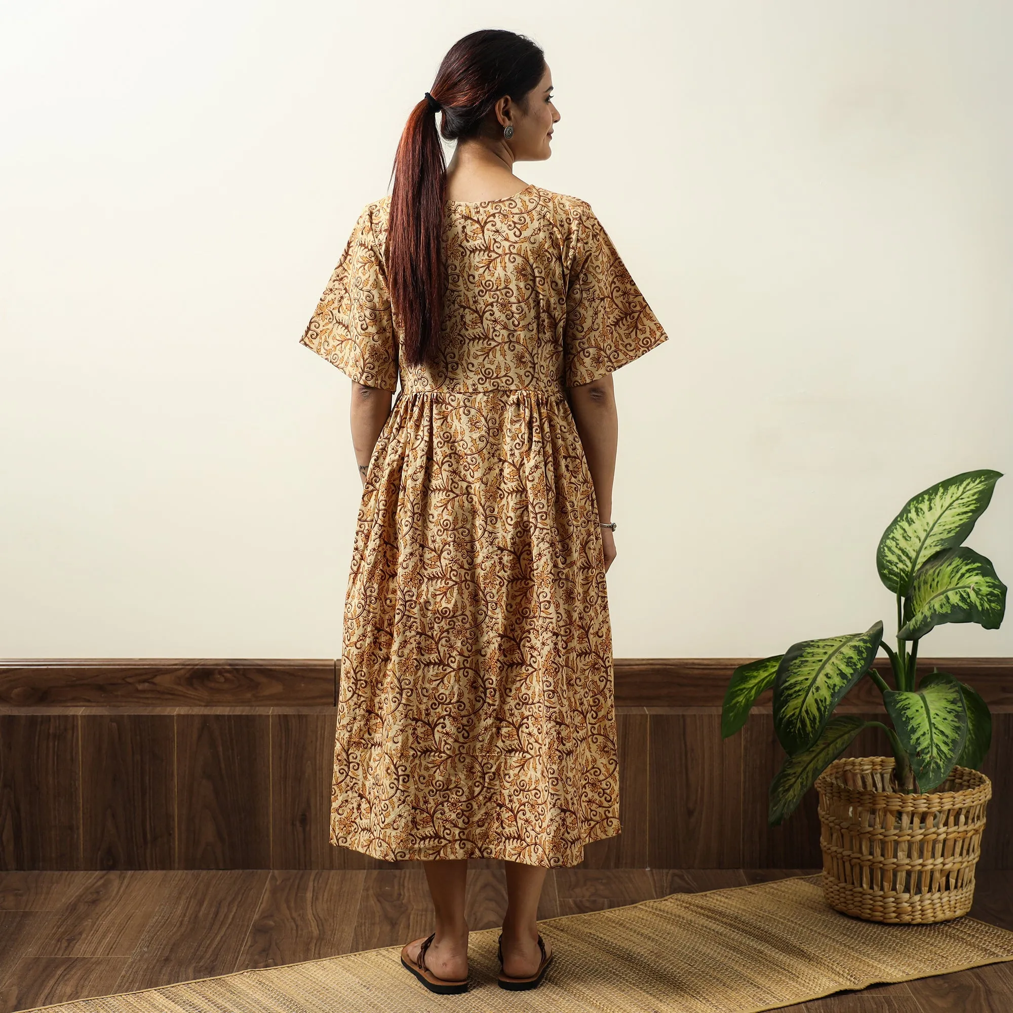 Beige - Kalamkari Block Printed Cotton Flared Gher Dress 06