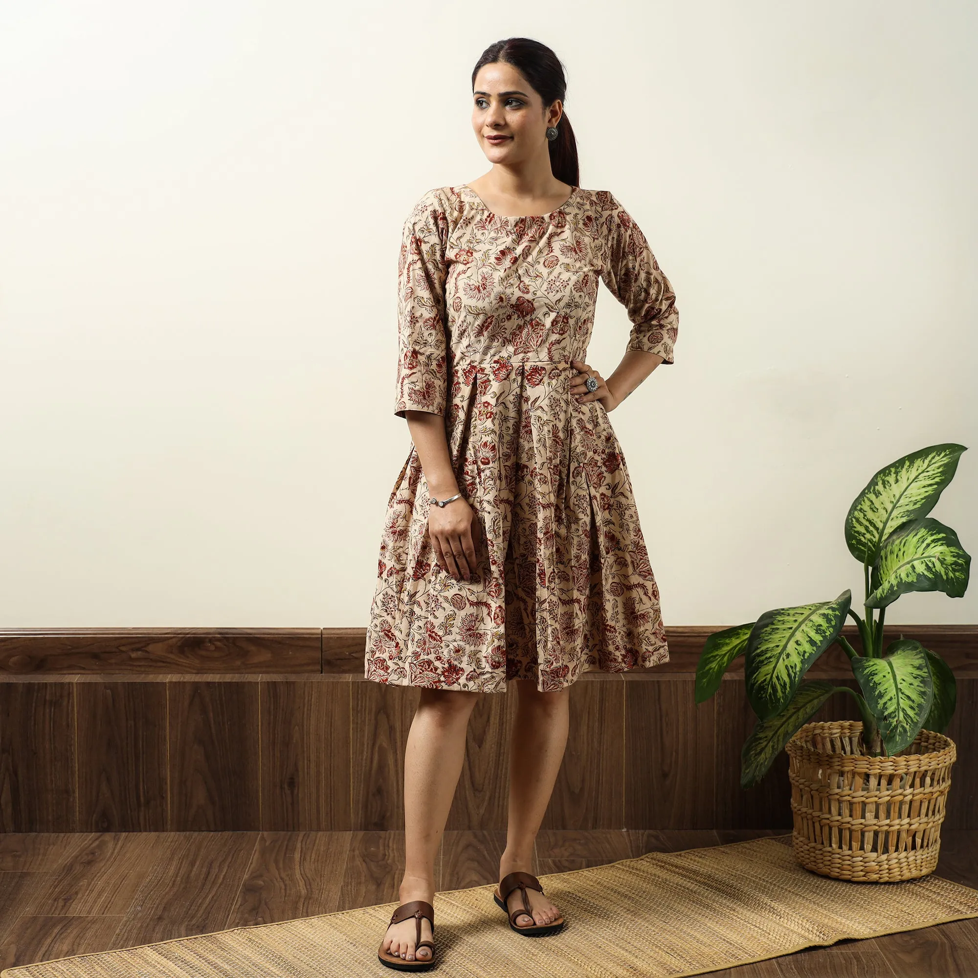 Beige - Kalamkari Block Printed Cotton Flared Gher Short Dress 07