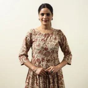 Beige - Kalamkari Block Printed Cotton Flared Gher Short Dress 07