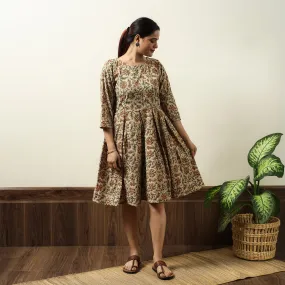 Beige - Kalamkari Block Printed Cotton Flared Gher Short Dress 08