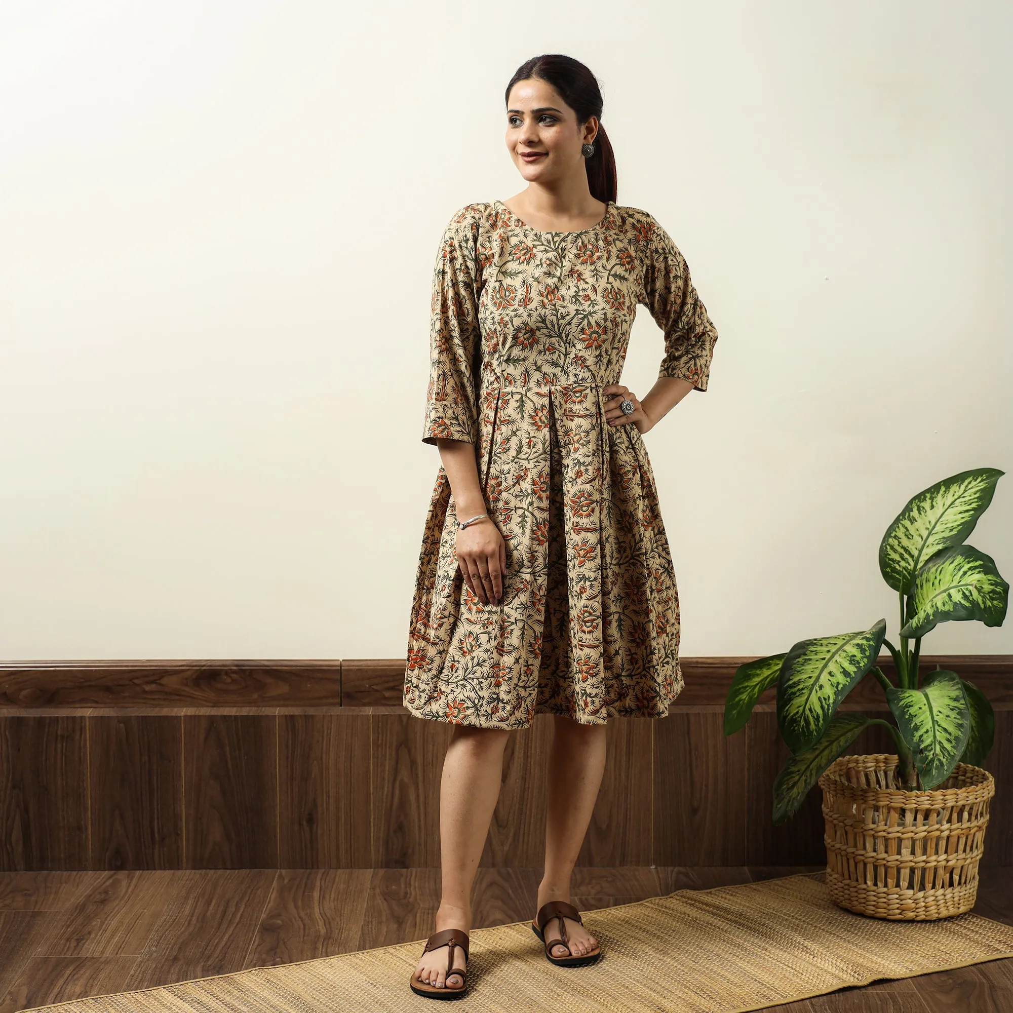 Beige - Kalamkari Block Printed Cotton Flared Gher Short Dress 08