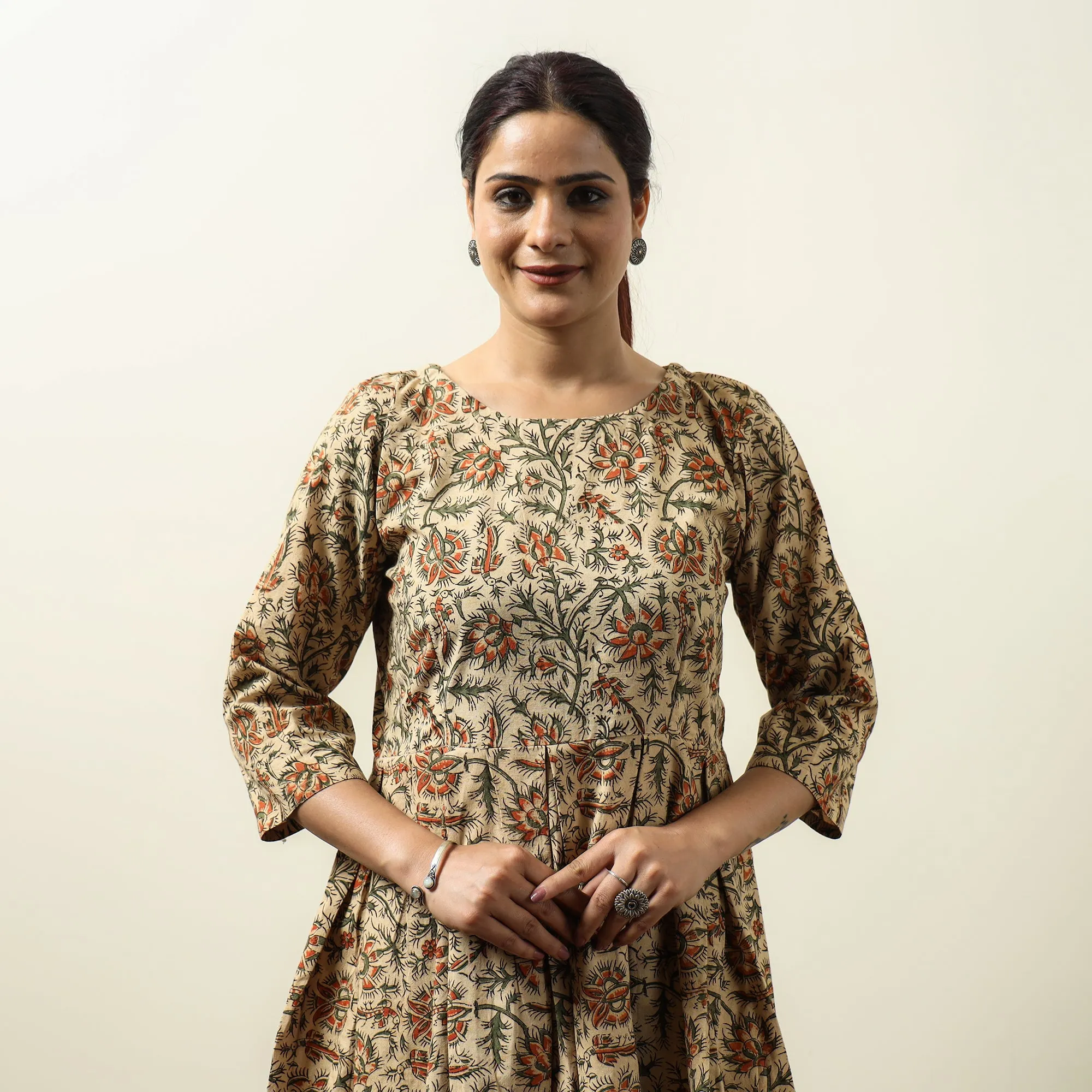 Beige - Kalamkari Block Printed Cotton Flared Gher Short Dress 08