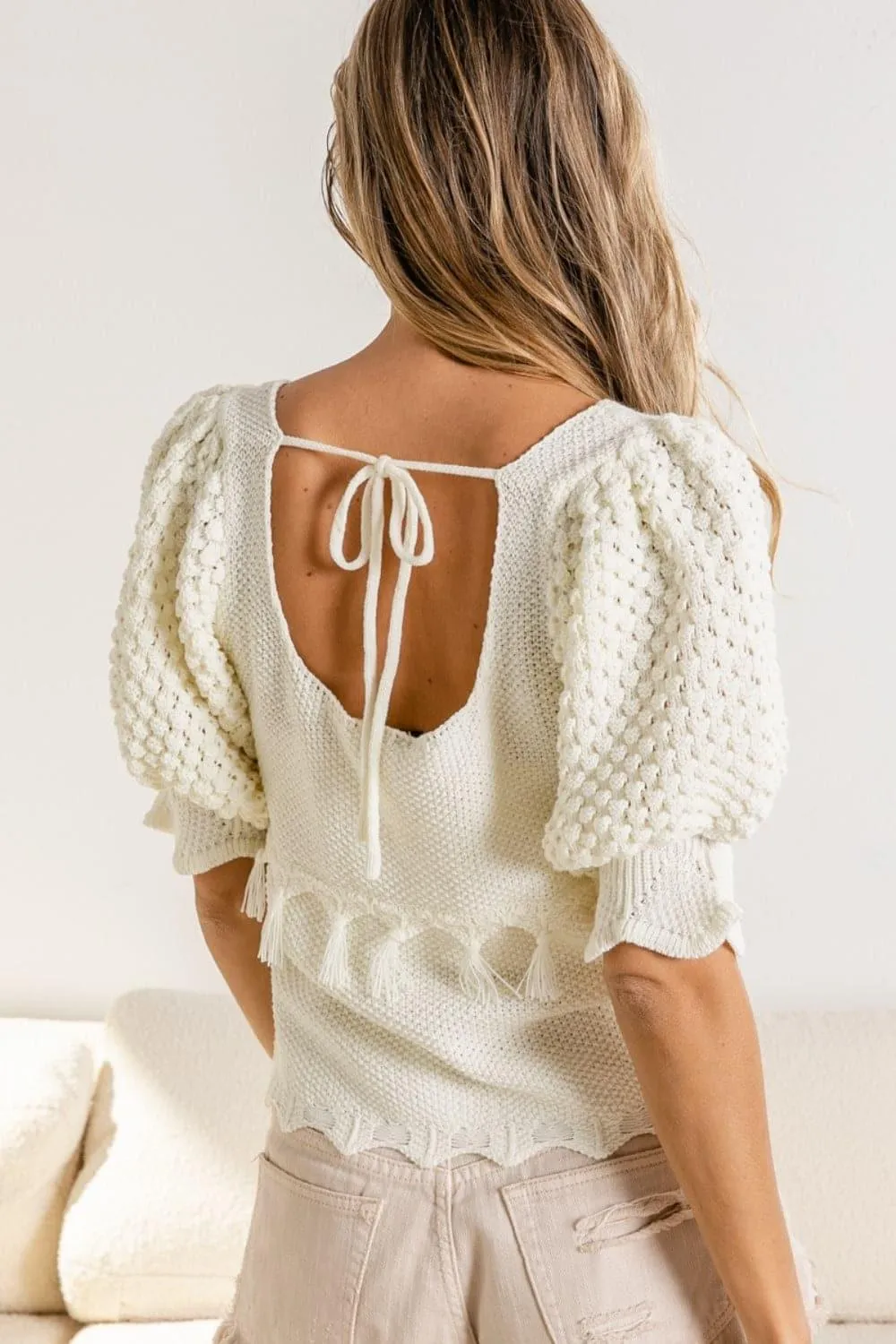 BiBi Tassel Detail Textured Square Neck Sweater Top