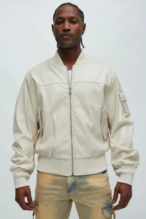 Birmingham Faux Leather Bomber Jacket - Off White