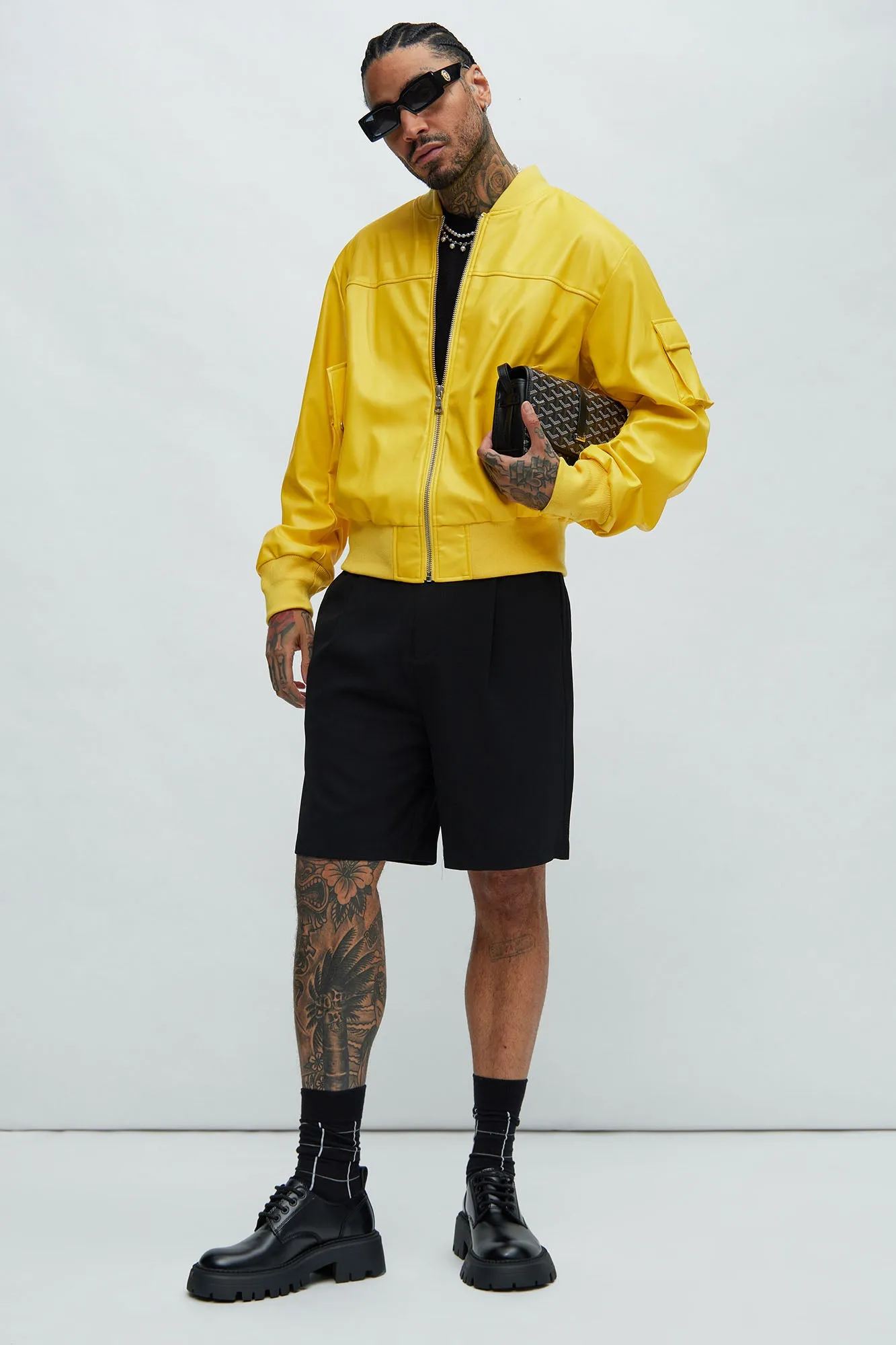 Birmingham Faux Leather Bomber Jacket - Yellow