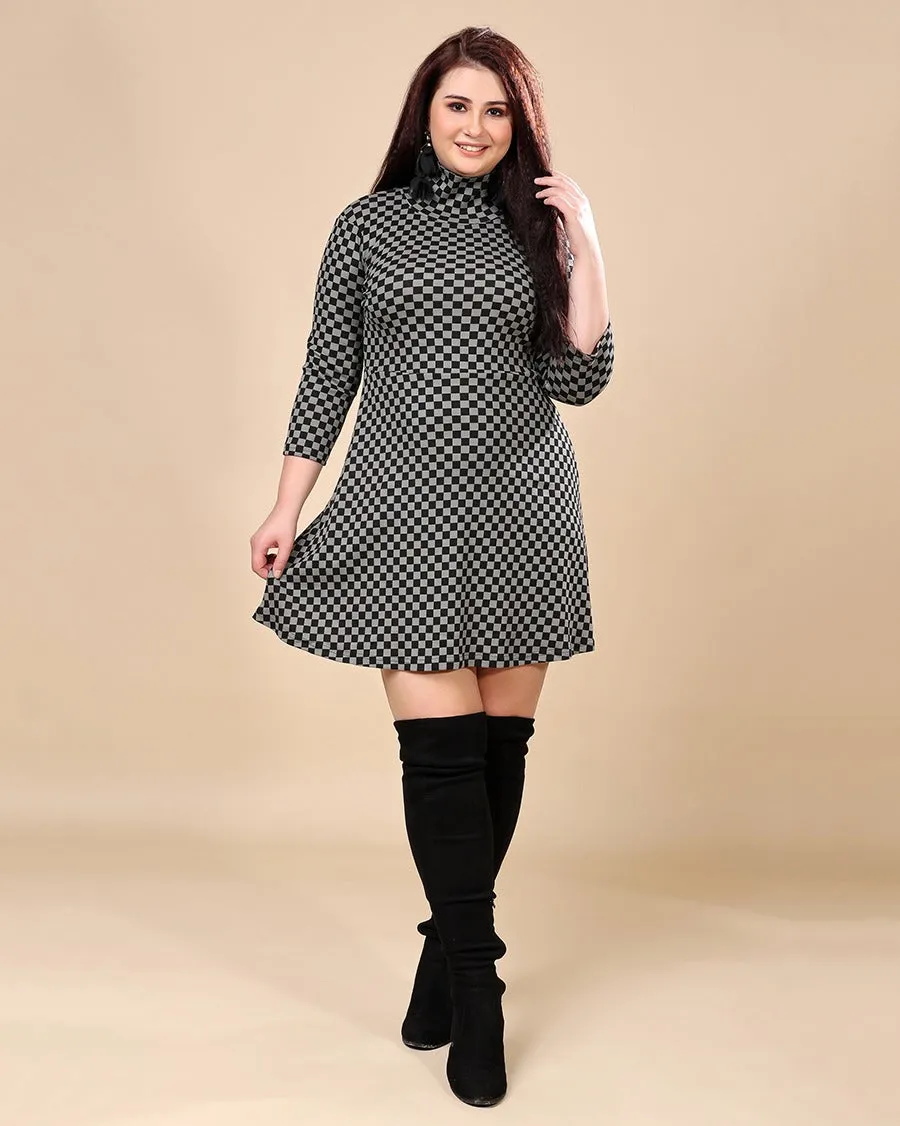 Black & Grey Checked Skater Dress