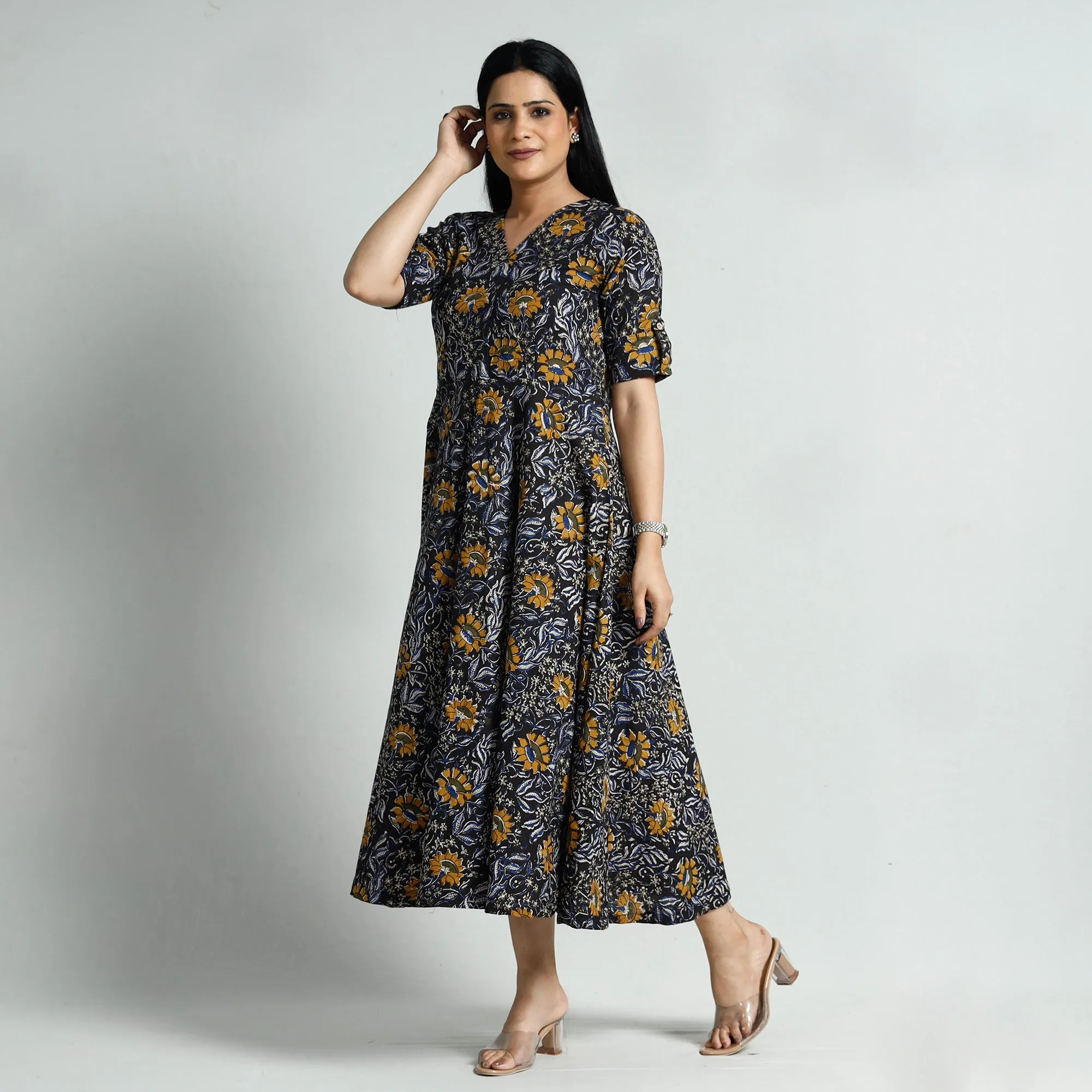 Black - Bagru Block Printed Cotton Flared Dress