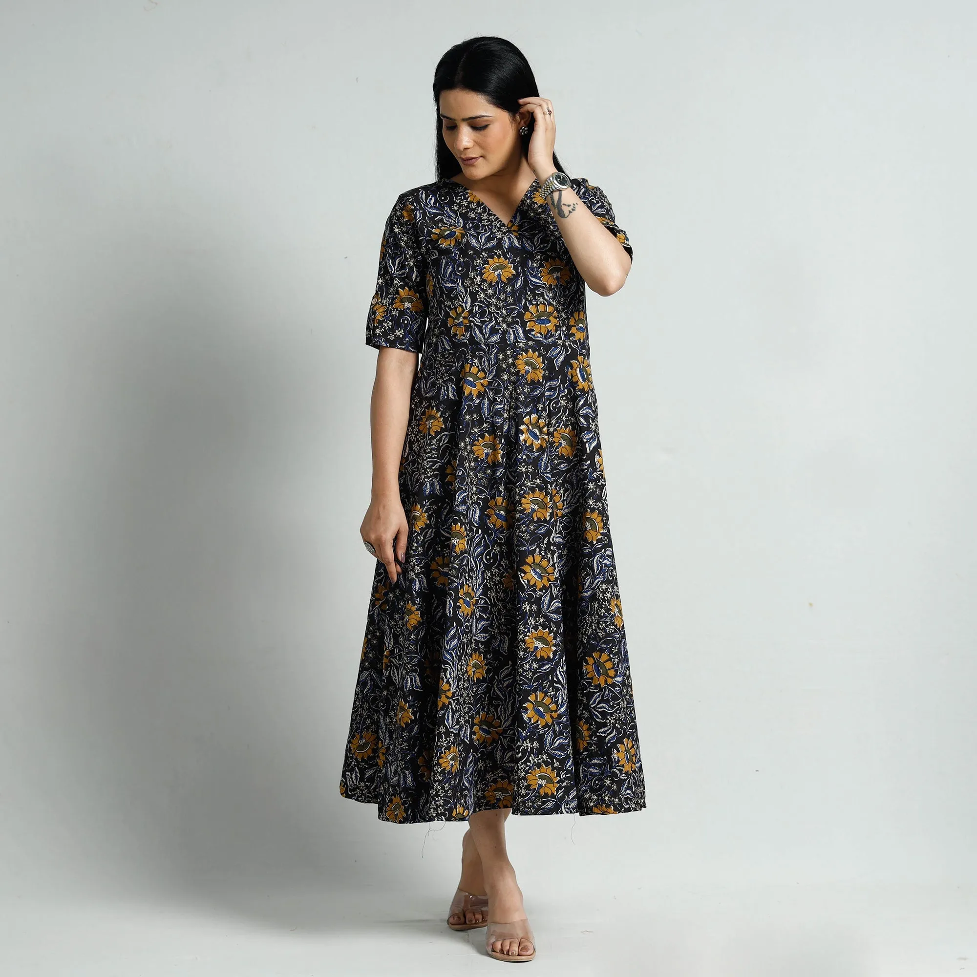 Black - Bagru Block Printed Cotton Flared Dress