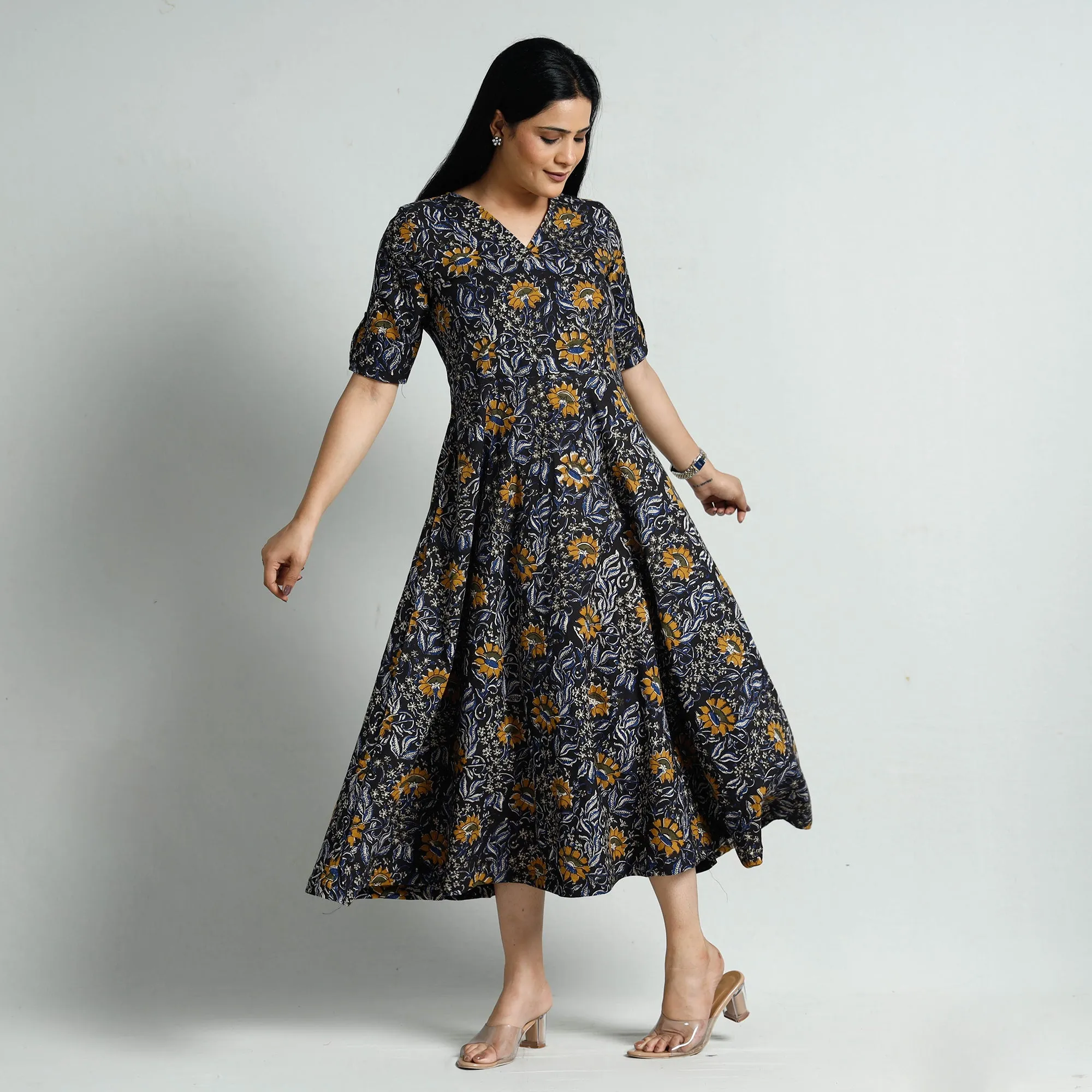 Black - Bagru Block Printed Cotton Flared Dress