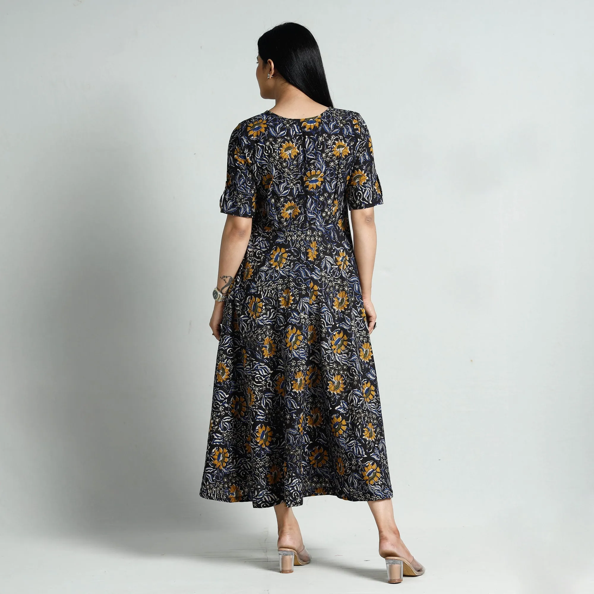 Black - Bagru Block Printed Cotton Flared Dress